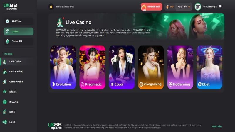 Sảng game Live Casino hấp dẫn trên UK88